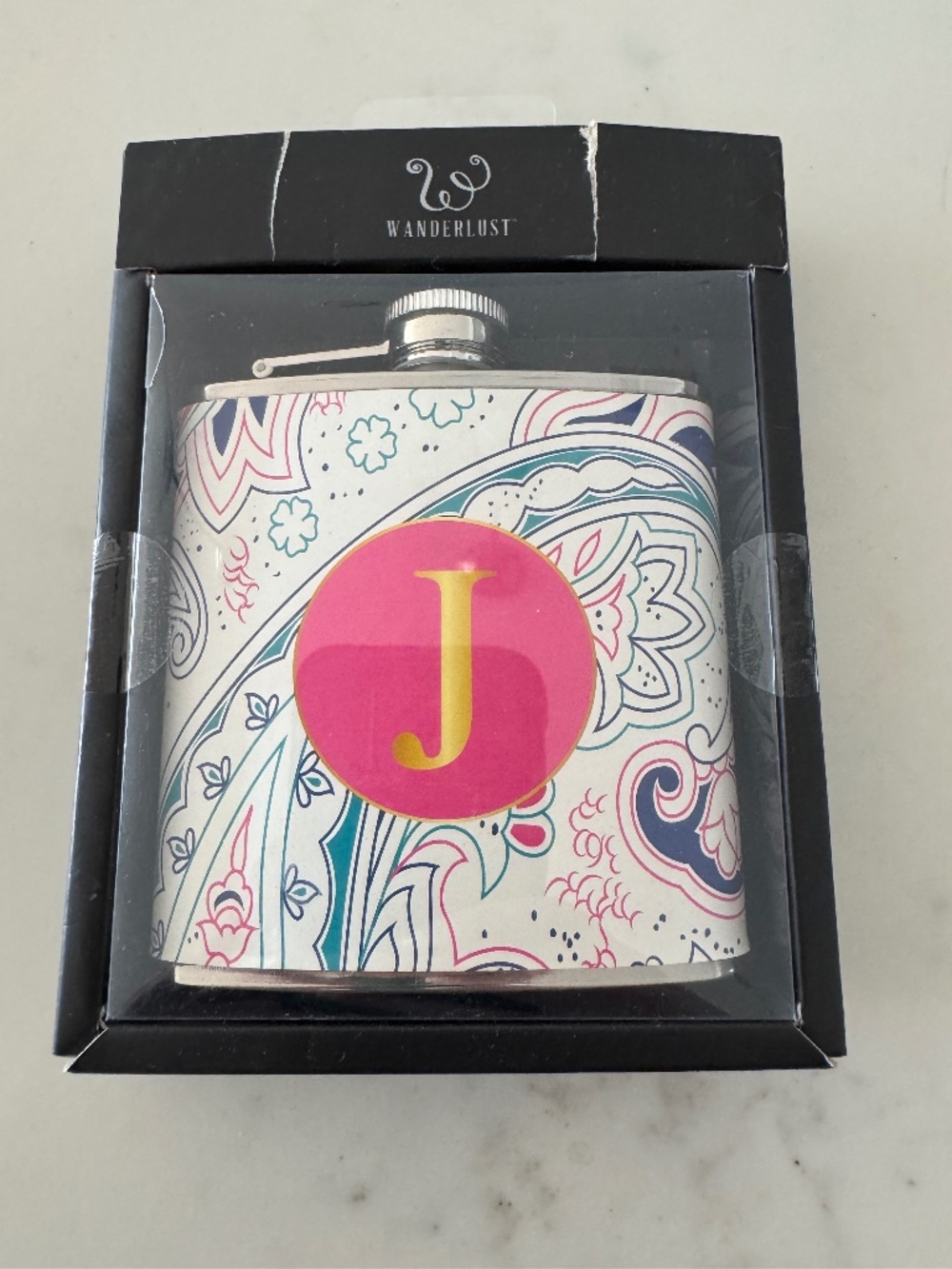Wanderlust stainless steel hip flask with monogrammed J